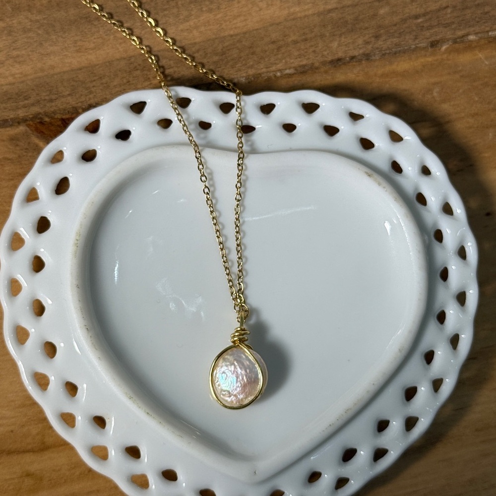 Genuine coin pearl gold wire wrapped pendant necklace chain 18k gold plated